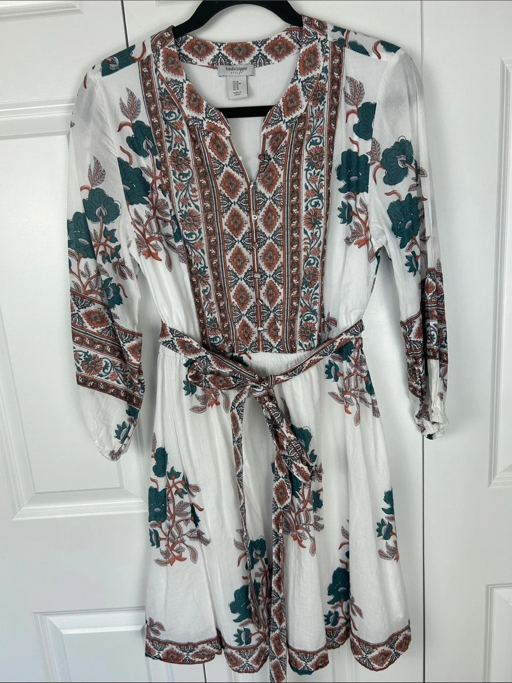 Haute Hippie White Mini Dress with Teal & Rust Floral Print